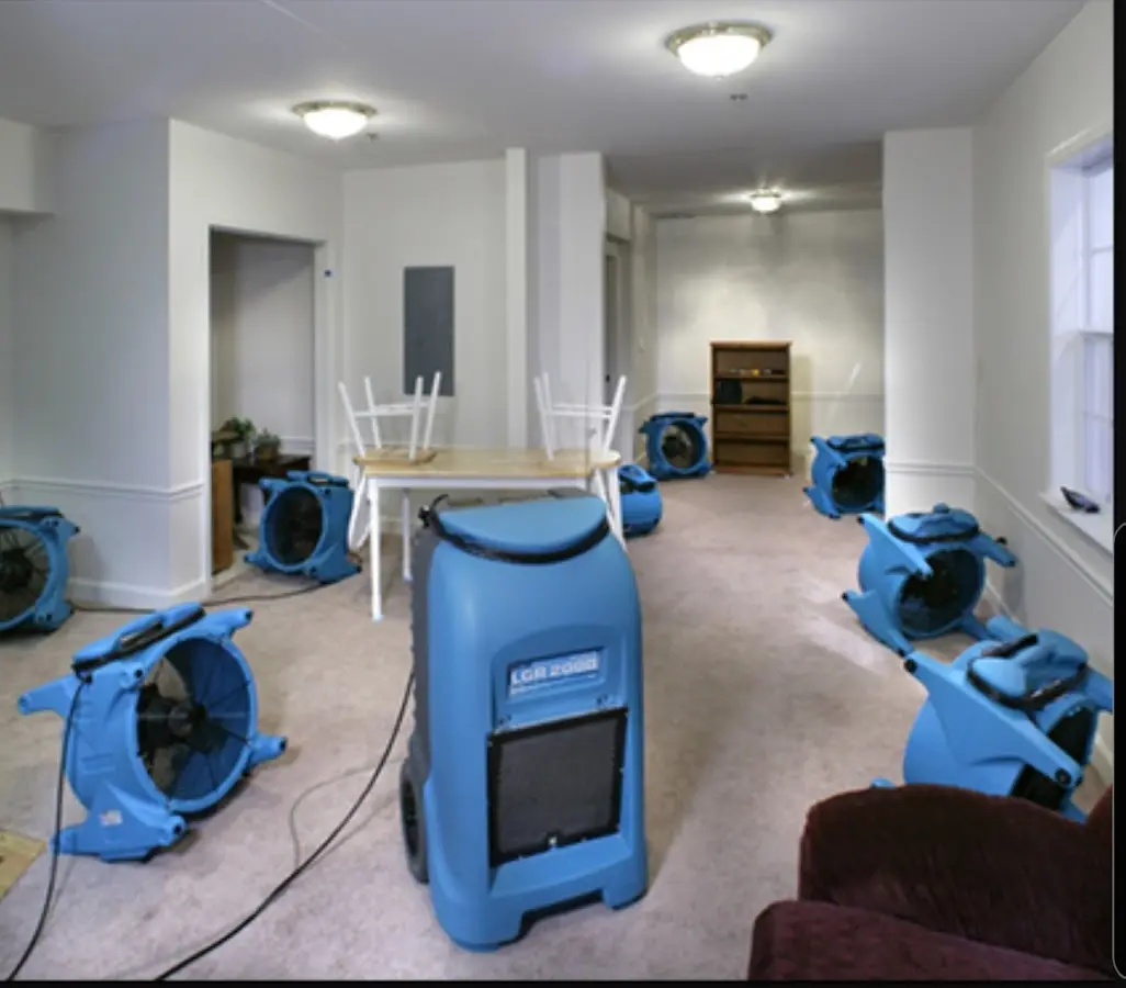 Air movers and dehumidifier setup for Water Damage Restoration in Mount Pleasant